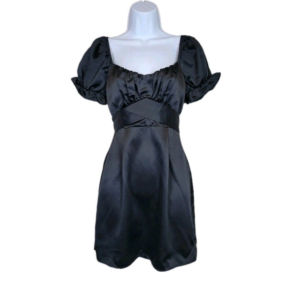 Mi Ami Babydoll Black Satin Mini Dress Small Sweetheart Puff Sleeves Ruched Bow